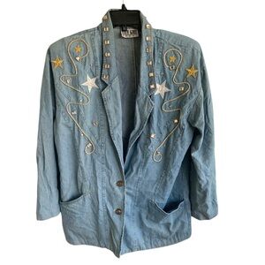 Vintage Blue Denim Bedazzled Shirt Star Embellishments Western Women’s Size 12